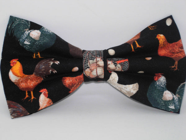 Rooster Bow tie / Chicken, Hens, Roosters & Farm Fresh Eggs on Black / Pre-tied Bow tie