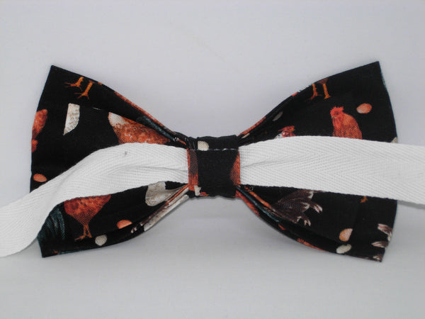 Rooster Bow tie / Chicken, Hens, Roosters & Farm Fresh Eggs on Black / Pre-tied Bow tie