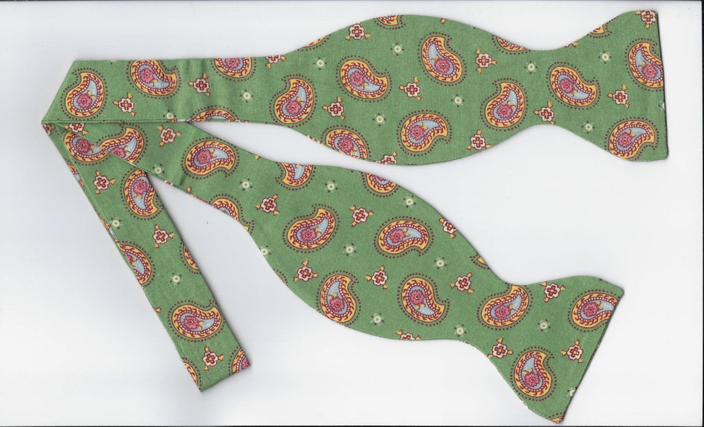 Country Green Bow Tie / Pink & Yellow Paisley on Green / Self-tie & Pre-tied Bow tie