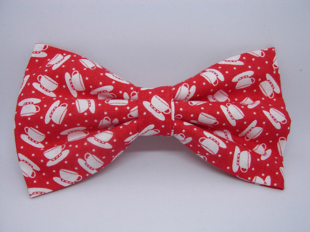 Tea Time Bow tie / White Tea Cups on Red / Barista / Coffee Shop / Pre-tied Bow tie