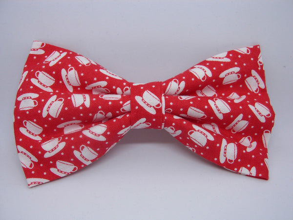 Tea Time Bow tie / White Tea Cups on Red / Barista / Coffee Shop / Pre-tied Bow tie
