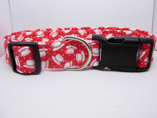 Tea Time Dog Collar / White Tea Cups on Red / Barista Pet / Matching Dog Bow tie