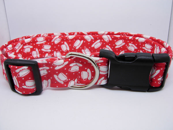 Tea Time Dog Collar / White Tea Cups on Red / Barista Pet / Matching Dog Bow tie