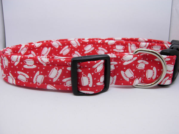 Tea Time Dog Collar / White Tea Cups on Red / Barista Pet / Matching Dog Bow tie