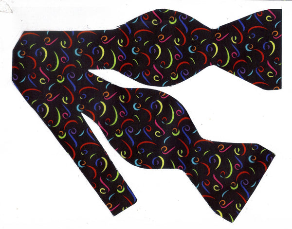 HAPPY LINES BOW TIE - COLORFUL SQUIGGLES ON BLACK - Bow Tie Expressions
