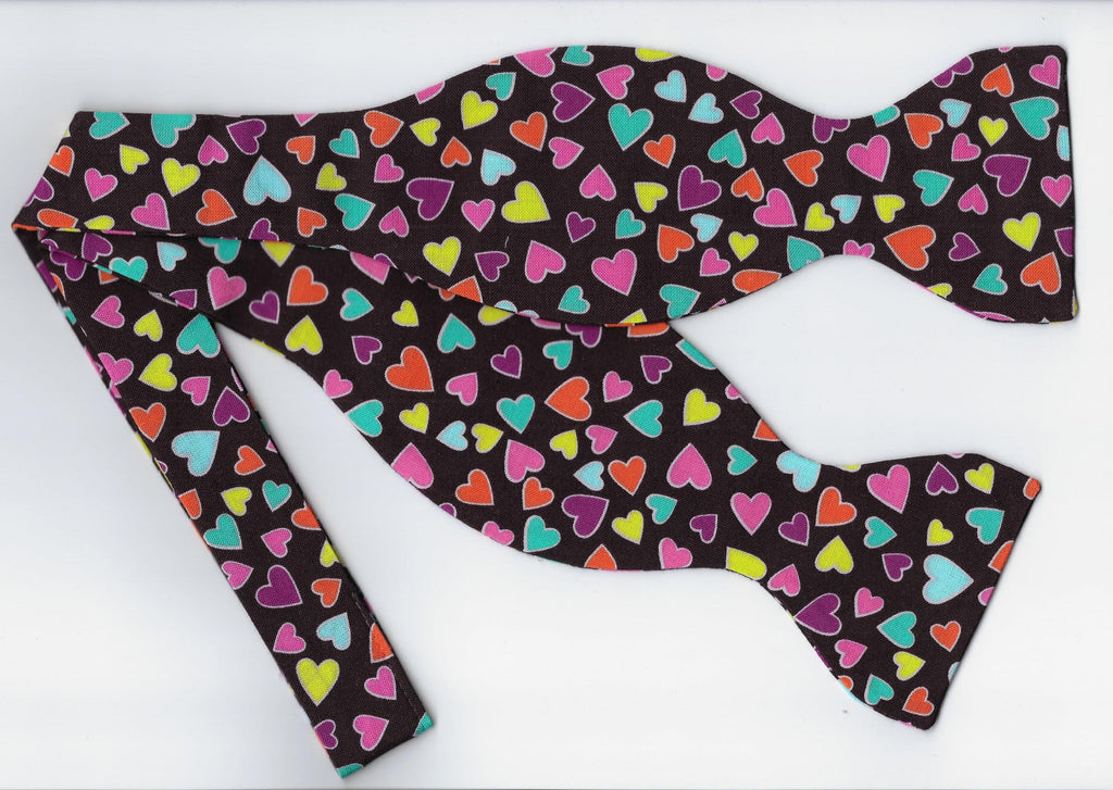Colorful Valentine Hearts Bow tie / Mini Hearts on Chocolate Brown / Self-tie & Pre-tied Bow tie