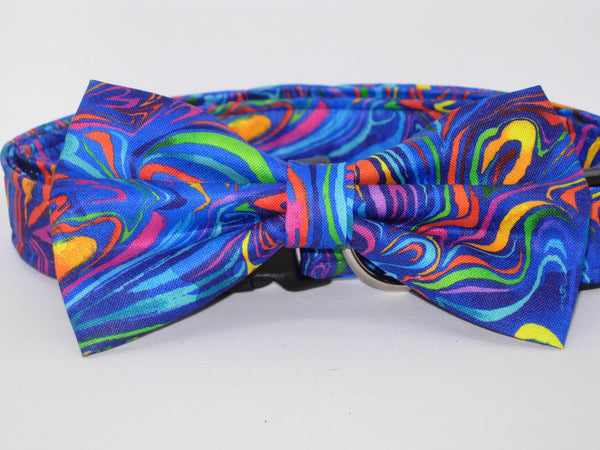 Trendy Dog Collar / Artistic Retro Swirls on Blue / Matching Dog Bow tie