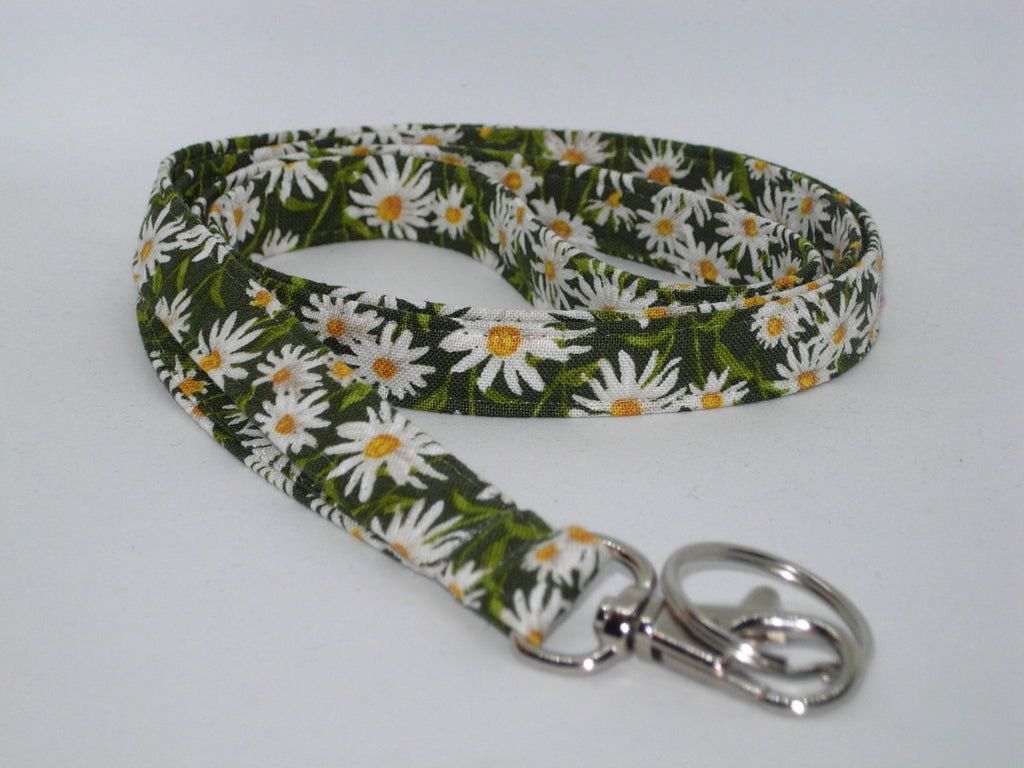Daisy Lanyard / White Daisies on Dark Green / Daisy Key Chain, Key Fob, Cell Phone Wristlet - Bow Tie Expressions