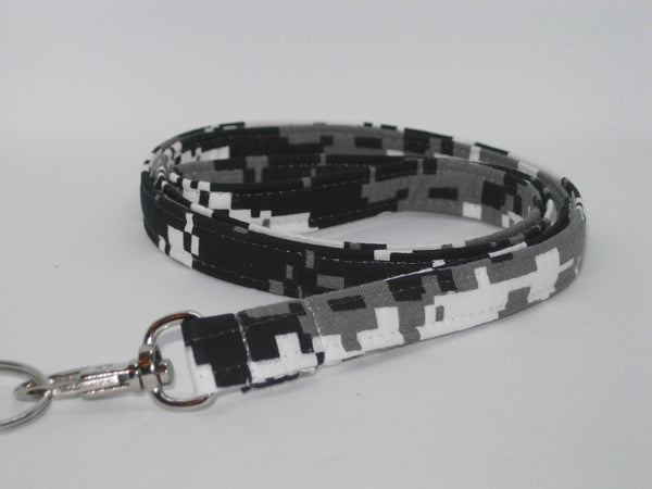 Digital Camo Lanyard / Urban Gray, Black & White Camo / Military Key Chain, Key Fob, Cell Phone Wristlet - Bow Tie Expressions