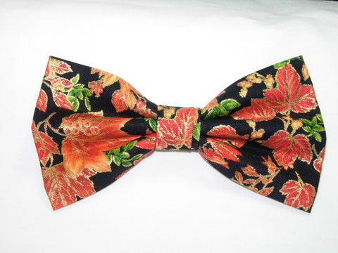Autumn Abundance Bow Tie / Orange Fall Leaves with Metallic Gold on Black / Pre-tied Bow tie - Bow Tie Expressions