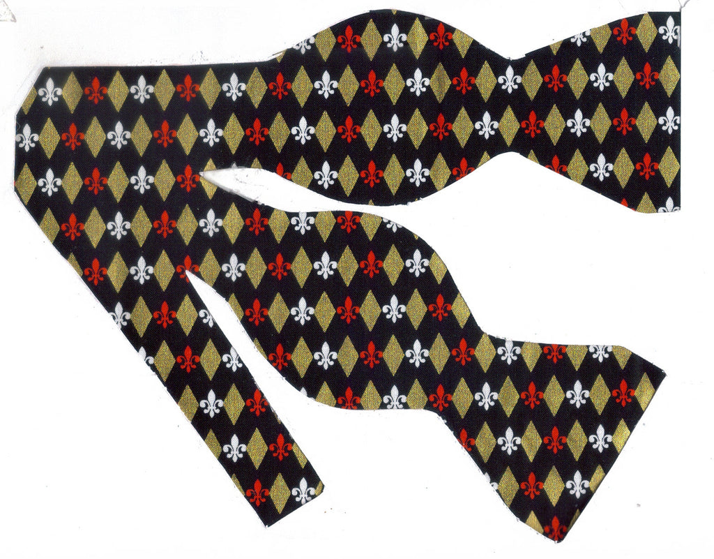 Fleur De Lis Bow tie / Metallic Gold Diamonds & Fleur De Lis Symbols on Black / Self-tie & Pre-tied Bow tie - Bow Tie Expressions