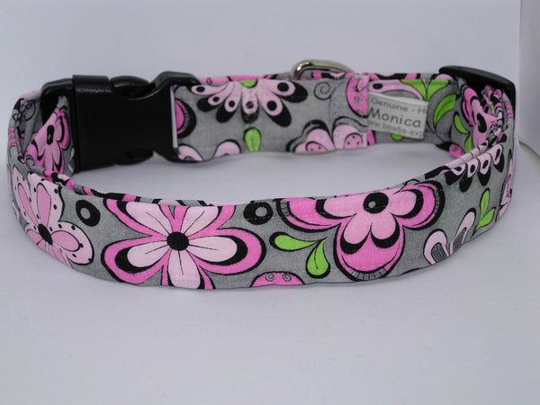 Flower Power Dog Collar / Retro Pink Flowers / Pink & Gray Pet Collar / Matching Dog Bow tie