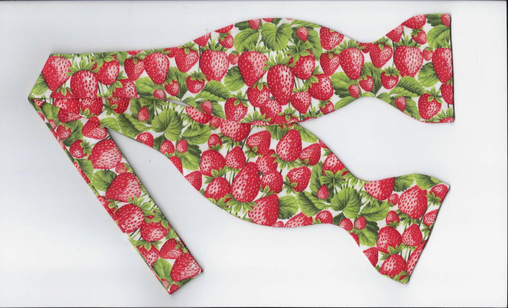 Strawberry Bow tie / Red Strawberries & Green Leaves on White / Self-tie & Pre-tied Bow tie