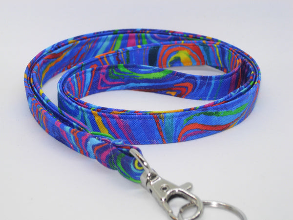 Funky Lanyard / Abstract Swirls on Blue / Retro 60's 70's Key Chain, Key Fob, Cell Phone Wristlet - Bow Tie Expressions