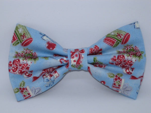 Christmas Bow tie / Red & Green Christmas Gifts on Light Blue / Pre-tied Bow tie