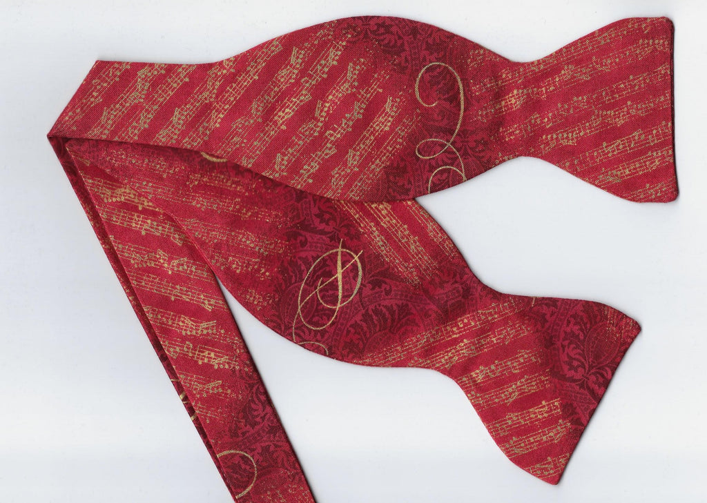 Music Bow tie / Metallic Gold Sheet Music on Holiday Red / Self-tie & Pre-tied Bow tie - Bow Tie Expressions
