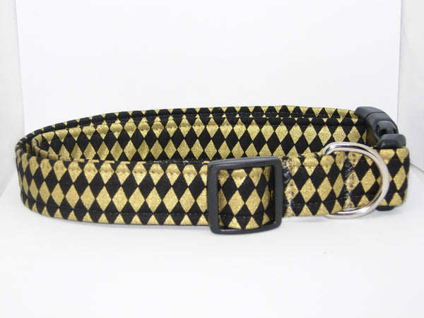 Gold & Black Dog Collar / Metallic Gold Diamond Shapes on Black / Matching Dog Bow tie