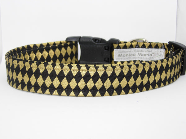 Gold & Black Dog Collar / Metallic Gold Diamond Shapes on Black / Matching Dog Bow tie