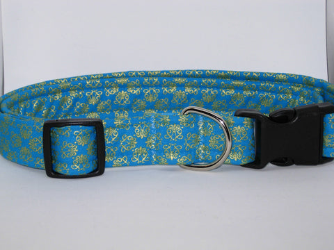 Gold & Teal Blue Dog Collar / Metallic Gold Filigree on Blue / Matching Dog Bow tie