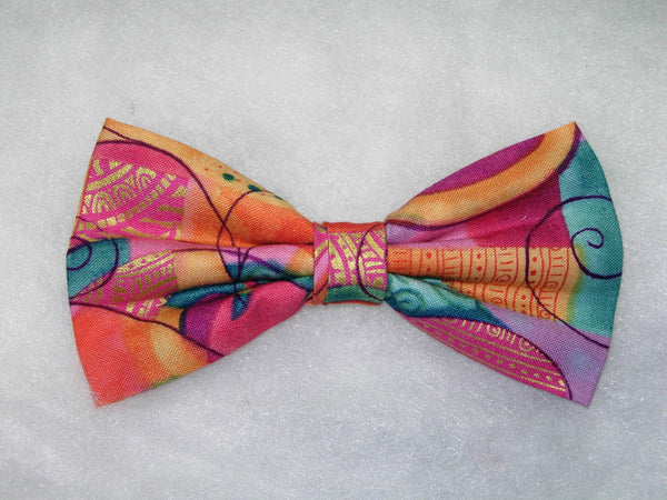 Whimsical Dog Collar / Peach, Teal, Pink & Orange / Metallic Gold / Matching Dog Bow tie