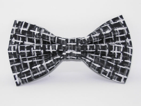 Black & Silver Dog Collar / Black & Grey Crosshatch / Metallic Silver / Matching Dog Bow tie