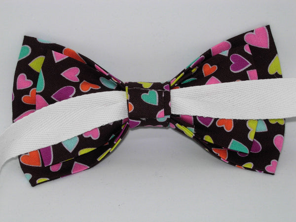 Colorful Valentine Hearts Bow tie / Mini Hearts on Chocolate Brown / Pre-tied Bow tie
