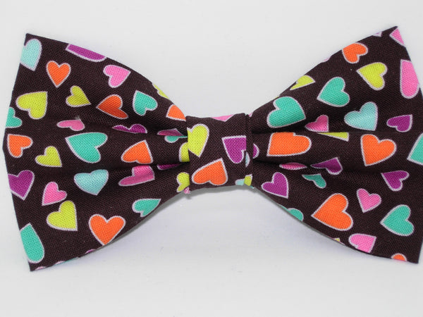 Colorful Valentine Hearts Bow tie / Mini Hearts on Chocolate Brown / Pre-tied Bow tie