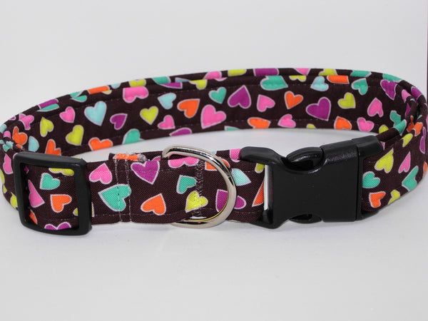 Sweetheart Dog Collar / Colorful Mini Hearts on Brown / Matching Dog Bow tie