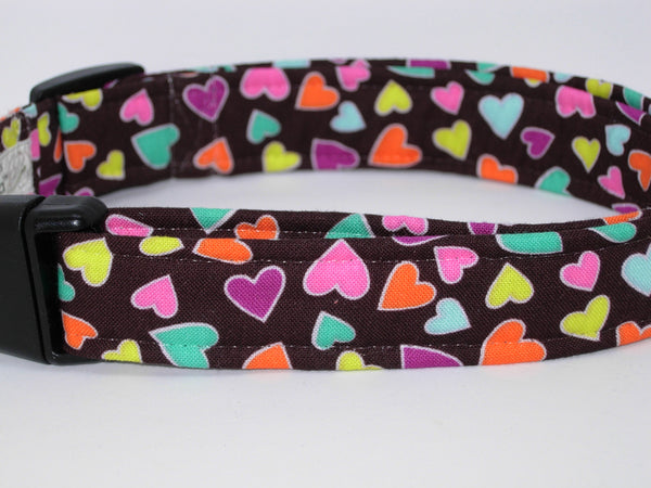 Sweetheart Dog Collar / Colorful Mini Hearts on Brown / Matching Dog Bow tie