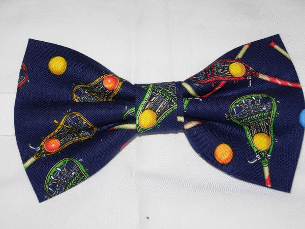 Lacrosse Dog Collar / Colorful Lacrosse Sticks & Balls on Navy Blue / Matching Dog Bow tie