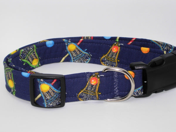 Lacrosse Dog Collar / Colorful Lacrosse Sticks & Balls on Navy Blue / Matching Dog Bow tie