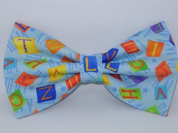 Alphabet Bow tie / Letter Tiles on Blue / Teacher Bow tie / Pre-tied Bow tie