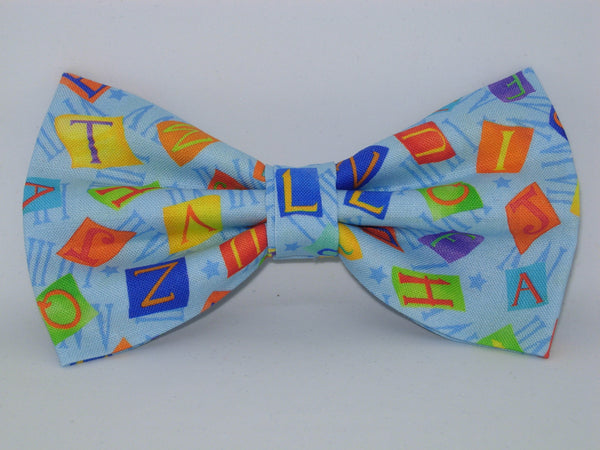 Alphabet Bow tie / Letter Tiles on Blue / Teacher Bow tie / Pre-tied Bow tie