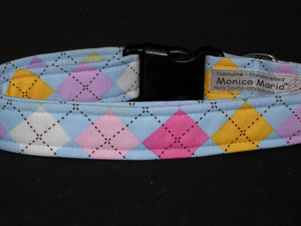 Spring Dog Collar / Pastel Argyle / Pink, Blue, Yellow & White / Matching Dog Bow tie