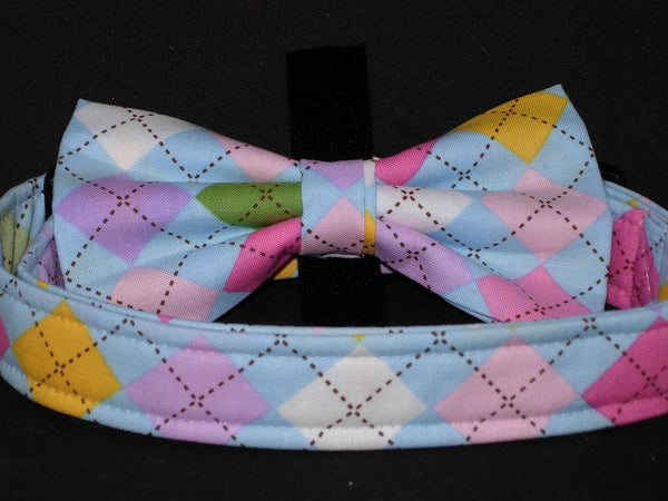 Spring Dog Collar / Pastel Argyle / Pink, Blue, Yellow & White / Matching Dog Bow tie