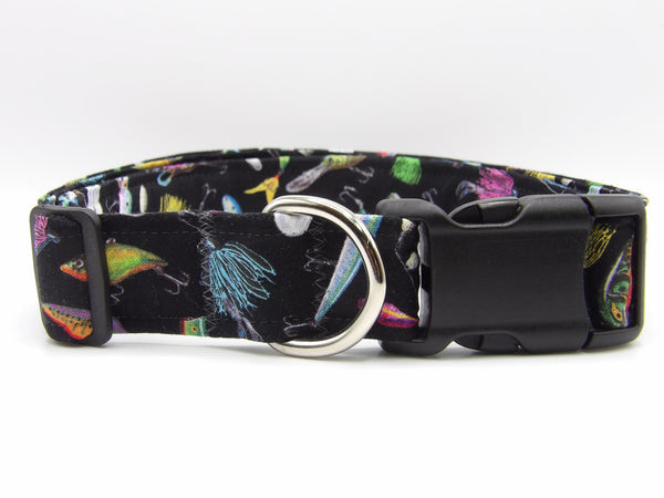 Fishing Lures Dog Collar / Colorful Flies & Lures on Black / Matching Dog Bow tie