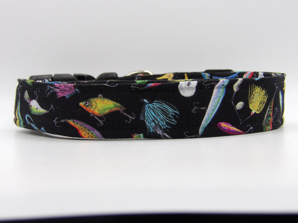 Fishing Lures Dog Collar / Colorful Flies & Lures on Black / Matching Dog Bow tie