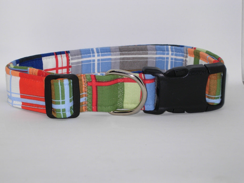 Madras Plaid Dog Collar / Patchwork Plaid / Nautical Blue & Red / Matching Dog Bow tie