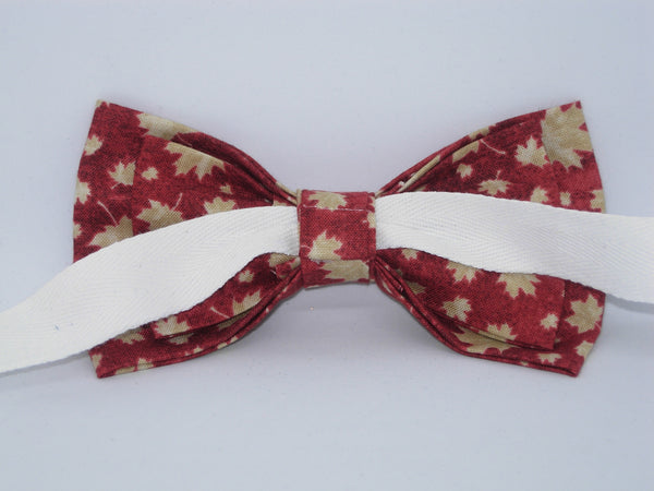 Maple Leaf Bow tie / Tan Leaves on Dark Red / Canada Day / Pre-tied Bow tie