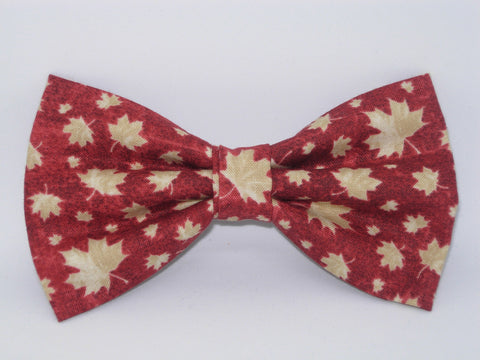 Maple Leaf Bow tie / Tan Leaves on Dark Red / Canada Day / Pre-tied Bow tie