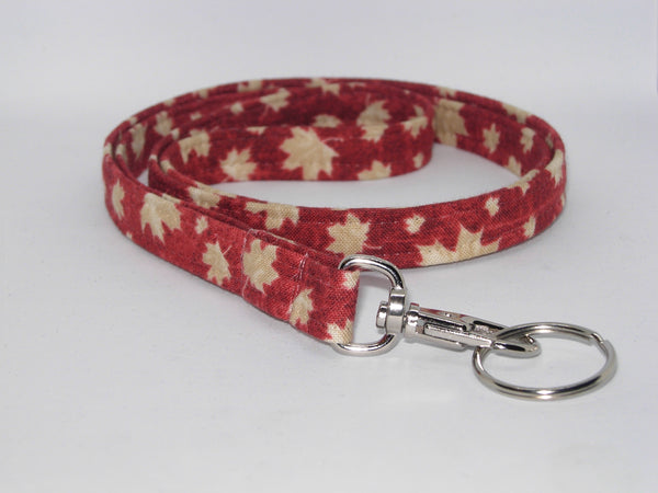 Maple Leaf Lanyard / Tan Leaves on Dark Red / Canada Day / Key Chain, Key Fob, Cell Phone Wristlet - Bow Tie Expressions