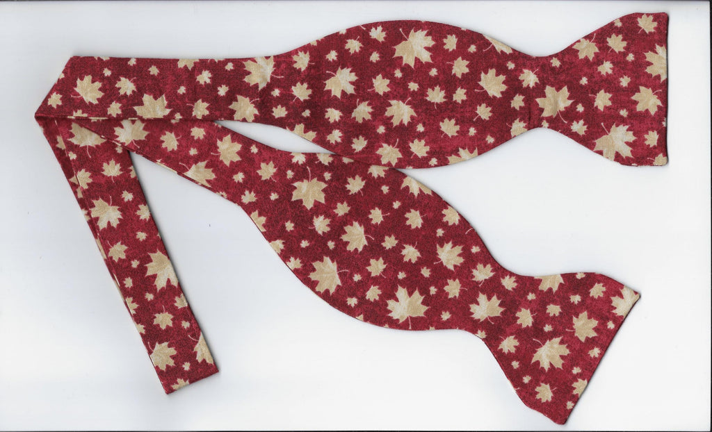 Maple Leaf Bow tie / Tan Leaves on Dark Red / Canada Day / Self-tie & Pre-tied Bow tie