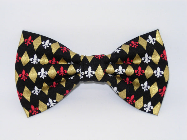 Gold Diamonds Dog Collar / Metallic Gold & Black / Fleur De Lis / Matching Dog Bow tie
