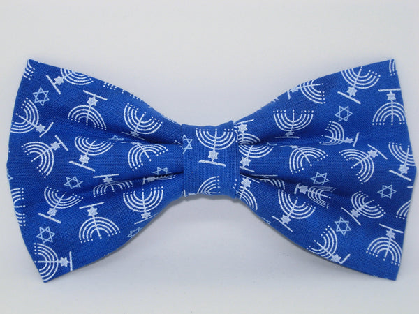 Hanukkah Bow tie / White Jewish Menorahs on Blue / Pre-tied Bow tie