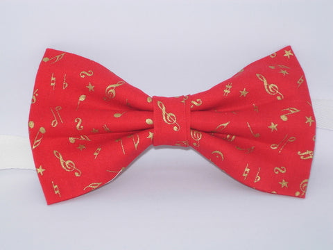 Music Bow tie / Mini Metallic Gold Musical Notes on Red / Pre-tied Bow tie