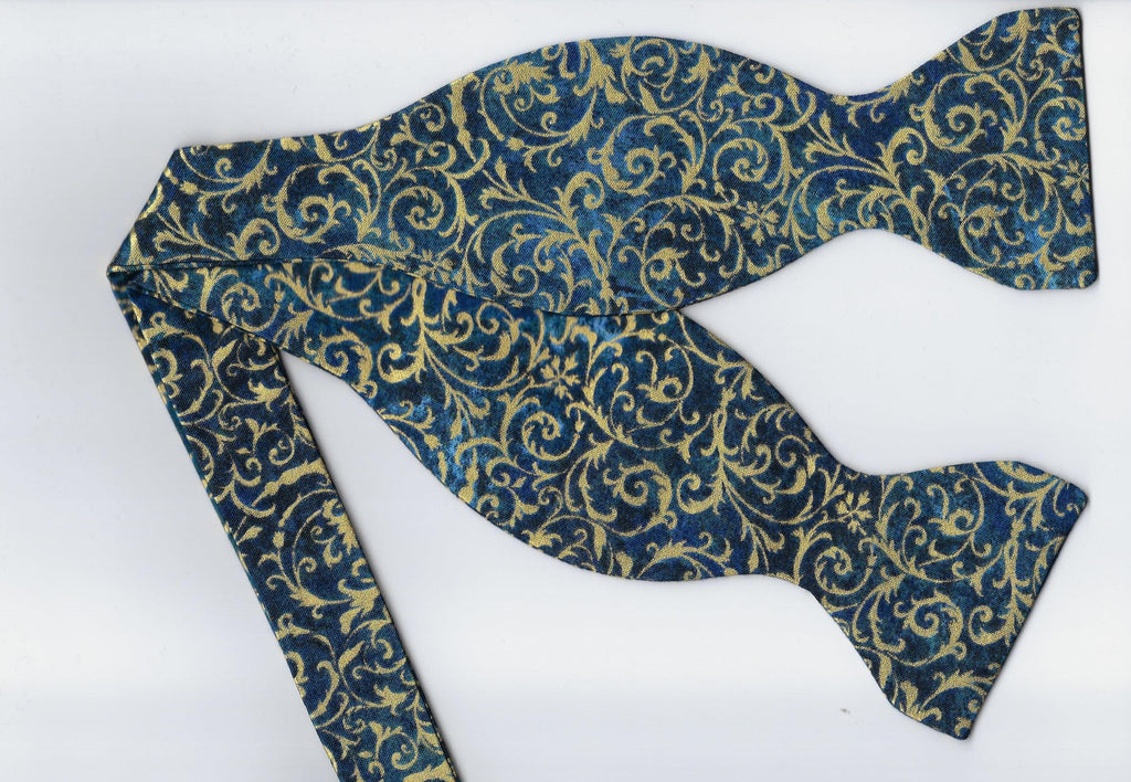 Gold & Teal Bow tie / Metallic Gold Feathery Curls / Self-tie & Pre-tied Bow tie