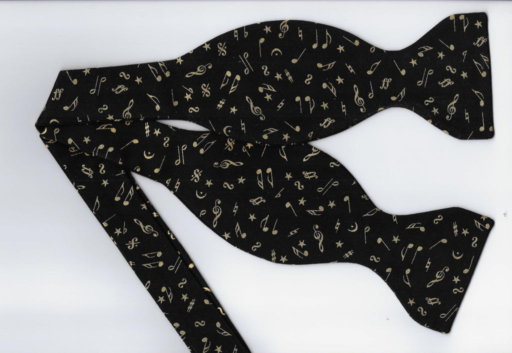 Music Bow tie / Mini Metallic Gold Musical Notes on Black / Self-tie & Pre-tied Bow tie