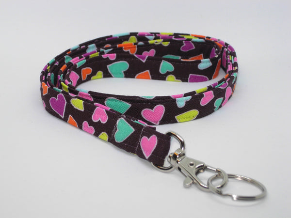 Happy Hearts Lanyard / Mini Hearts on Brown / Valentine Key Fob, Heart Key Chain, Cell Phone Wristlet - Bow Tie Expressions