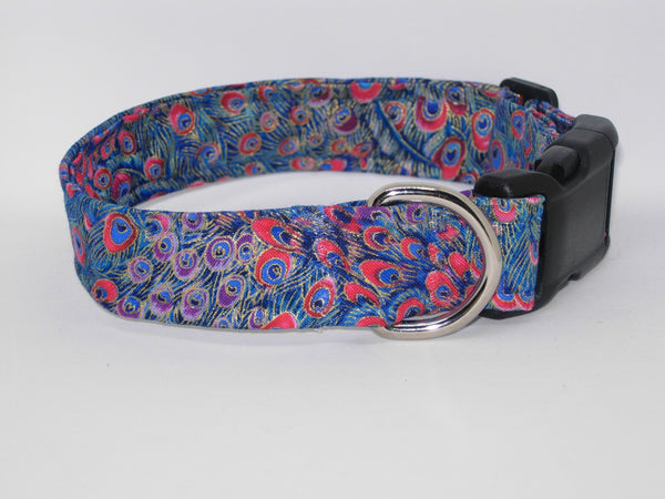Peacock Feathers Dog Collar / Red & Purple Feathers on Blue / Matching Dog Bow tie