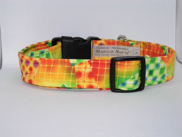 Trendy Mosaic Dog Collar / Orange, Green, Red, Purple, Yellow Abstract Design / Matching Dog Bow tie